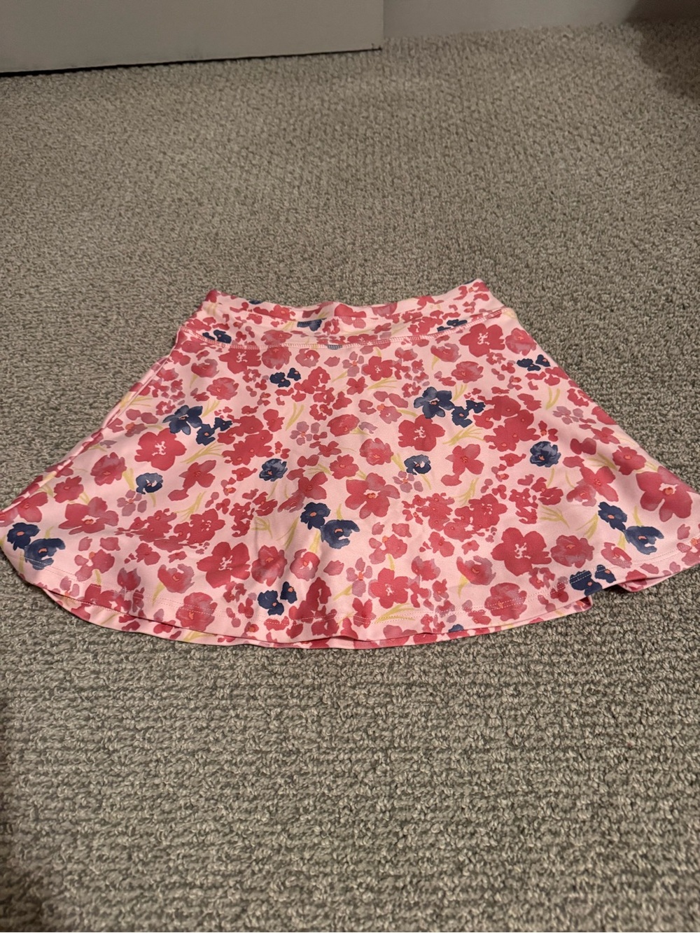 Floral Pink A-Line Skort with Navy and Yellow Accents